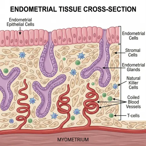 Detailed Cross-Section of Endometrial Tissue: Cells, Glands, Blood Vessels & Immune Cells