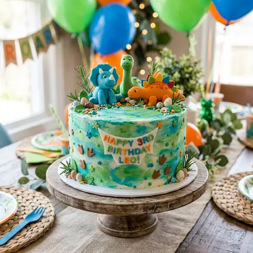 Dinosaur-Themed Watercolor Cake