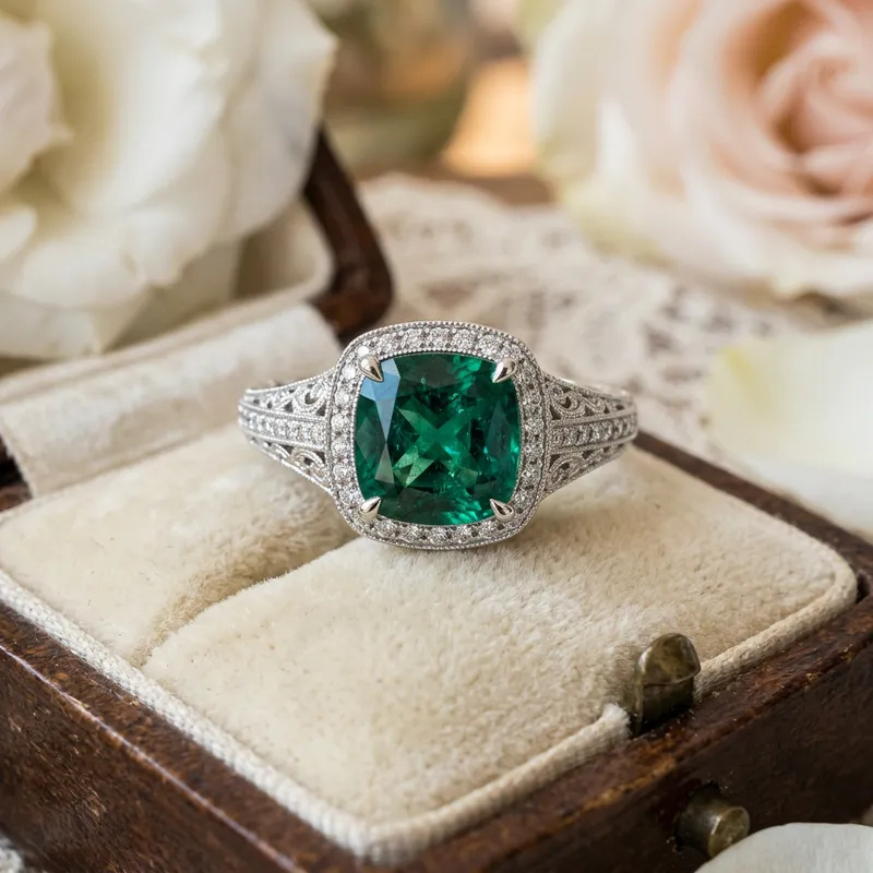 Elegant Cushion Emerald Engagement Ring in White Gold Elegant Cushion Emerald Engagement Ring in White Gold