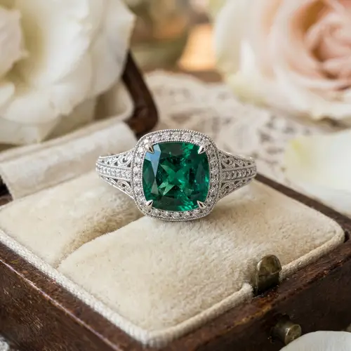 Elegant Cushion Emerald Engagement Ring in White Gold