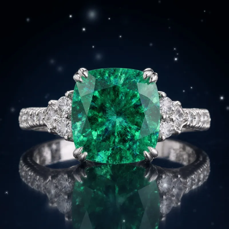 Elegant Cushion Emerald Engagement Ring in White Gold