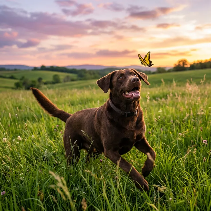 Playful Brown Labrador Retriever Frolicking in Serene Field | Dog