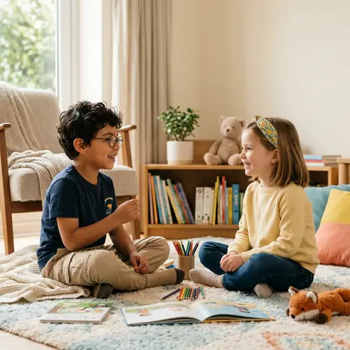 Young Boy and Girl Sitting on Floor Conversing