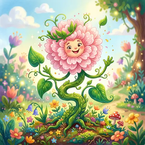 Whimsical Cartoon Botanical Illustration with Pink Petals