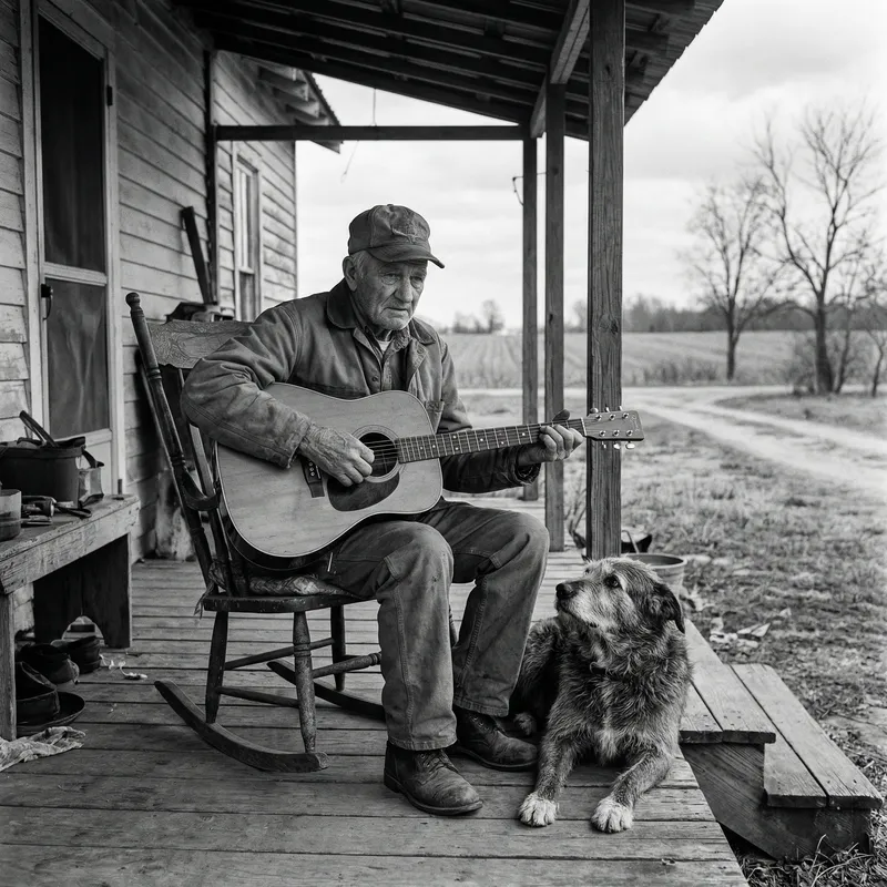 Elderly Man Playing Guitar on Farmhouse Porch with Dog - Vintage Scene