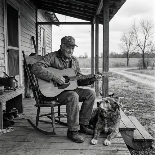 Elderly Man Playing Guitar with Faithful Dog - Rustic Farmhouse Scene