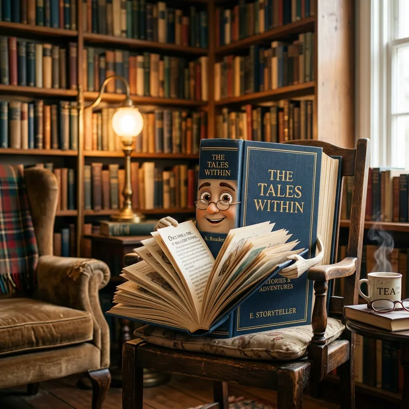 Anthropomorphic Book Sitting on Chair in Cozy Library