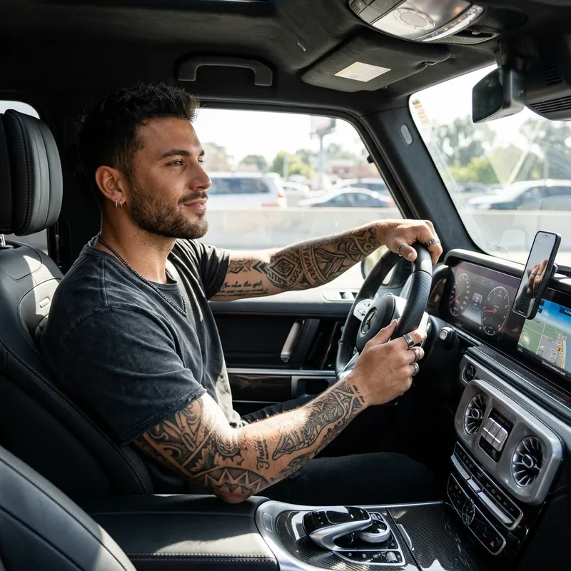 Stylish Tan Man in Car with Piercings and Tattoos