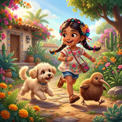 3D Animation Studio Inspired Illustration of Young Mexican Girl with Maltipoo Dog and Kiwi Bird