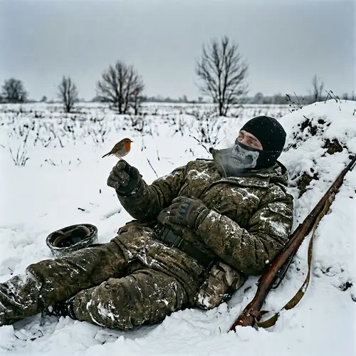 Injured Soldier Dying in Snow Field with Skull Mask - Hopeful Bird Scene