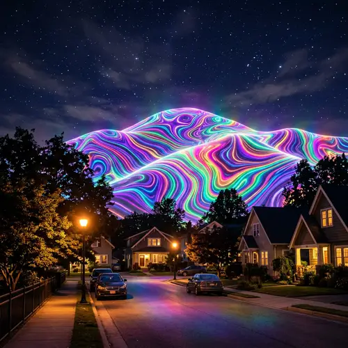 Psychedelic Hill Night Scene - Vibrant Neighborhood Colors