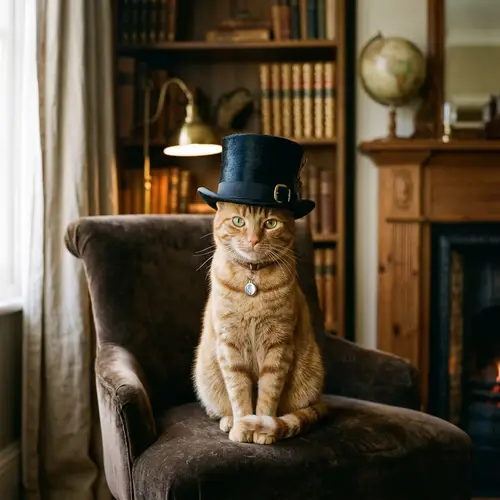 Stylish Orange Tabby Cat with Top Hat | Serene Room Backdrop