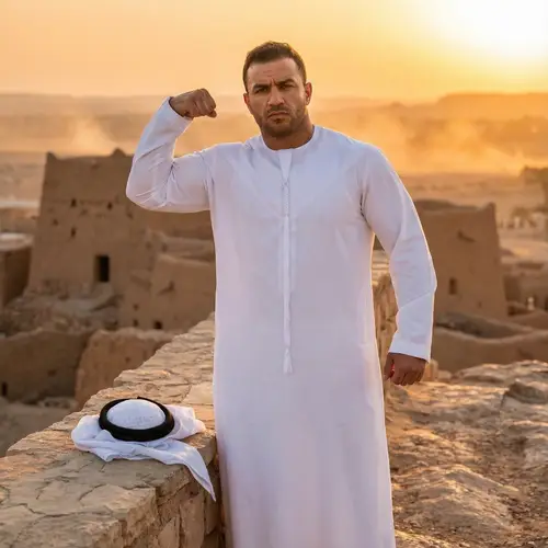 Proud Saudi Man Flexing Muscles in Traditional Attire