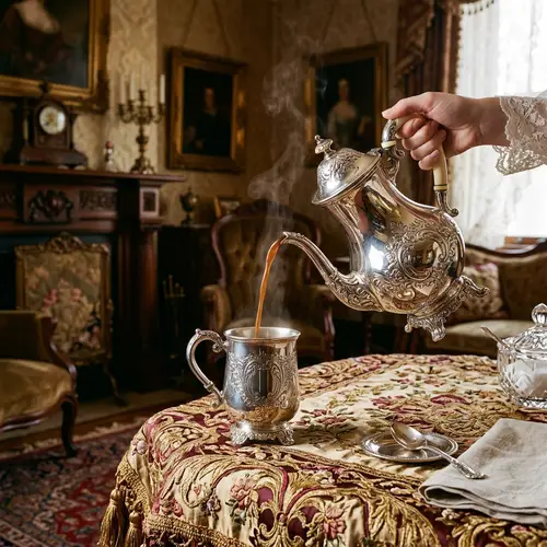 Elegant Victorian Coffee Pot Pouring Hot Coffee into Matching Mug