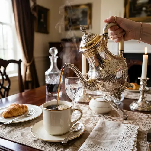 Elegant Victorian Coffee Pot Pouring Steaming Coffee into Ceramic Mug