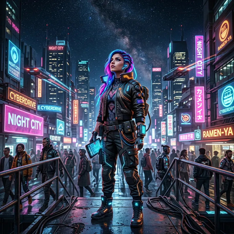 Hispanic Cyberpunk Girl Shining in Night City | Futuristic Scene