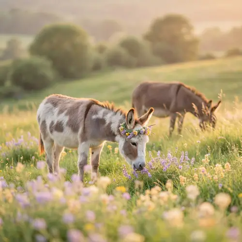 Whimsical Donkey Scene in a Sunlit Meadow
