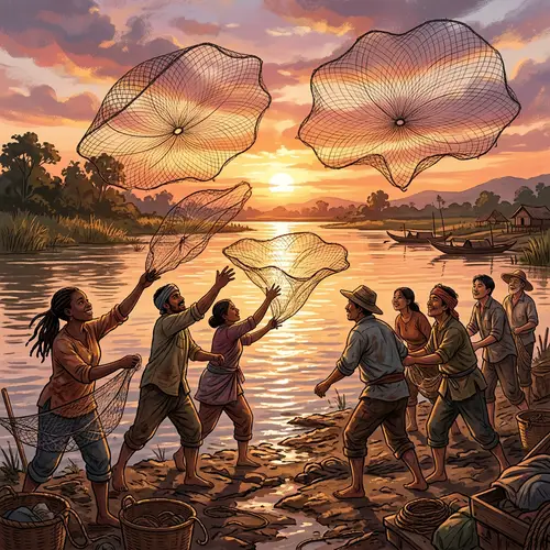 Diverse Fishermen Casting Nets at Riverbank | Sunset Silhouette