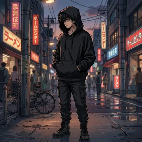 Mysterious Anime Character in Black Hoodie