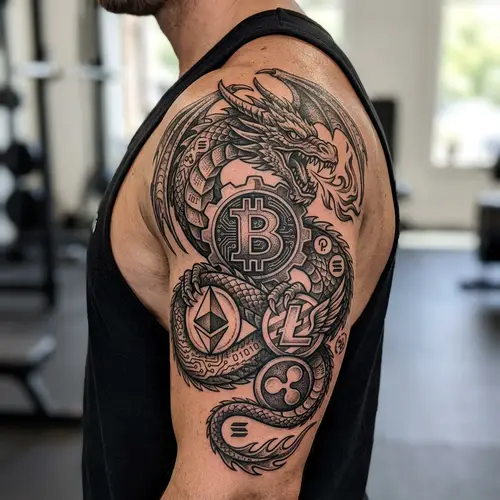 Unique Cryptocurrency Dragon Tattoo Design for Deltoid Area