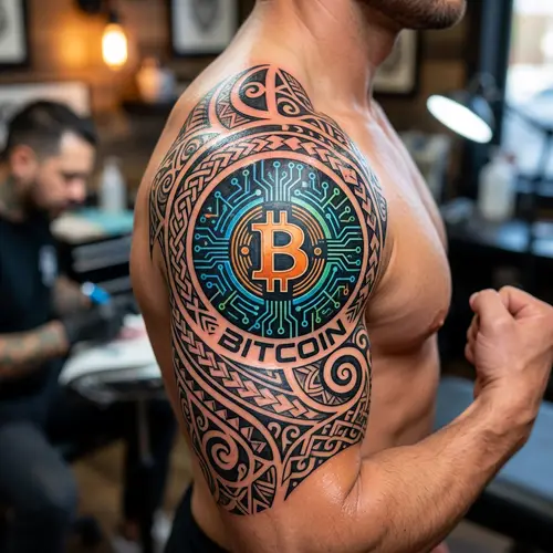 Colorful Deltoid Tattoo Combining Bitcoin & Tribal Elements