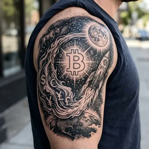 Intricate Deltoid Tattoo Design: Bitcoin to the Moon