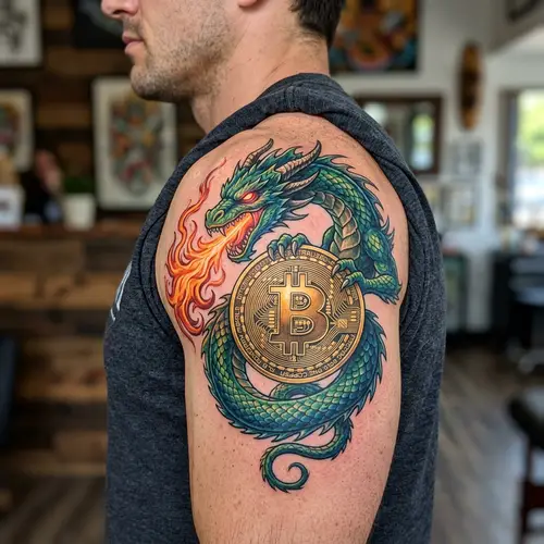 Vibrant Dragon Shoulder Tattoo with Golden Bitcoin Design