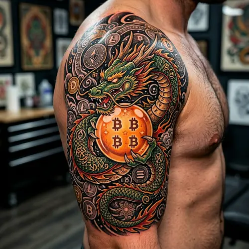 Bitcoin Dragon Ball Tattoo with Cryptocurrency Background