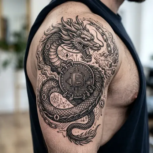 Intricate Dragon and Cryptocurrency Tattoo Design for Deltoid Area