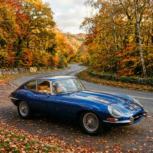 Vintage Cobalt Blue Classic Car on Autumn Road