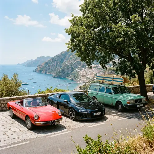 Vintage Red Convertible, Modern Black Sports Car, Classic Mint Green Station Wagon