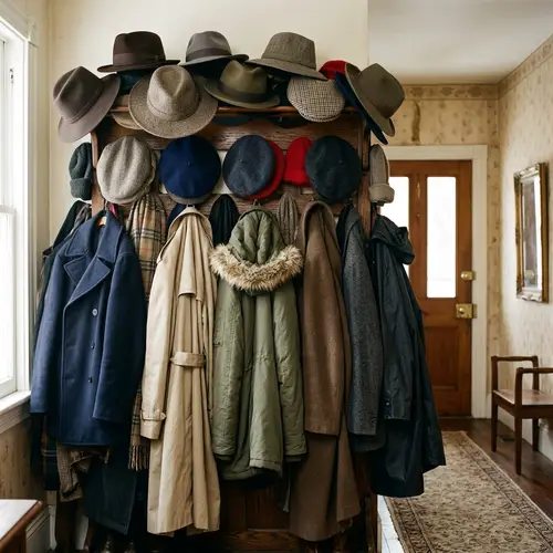 Vintage Hat Stand Covered in Coats & Hats