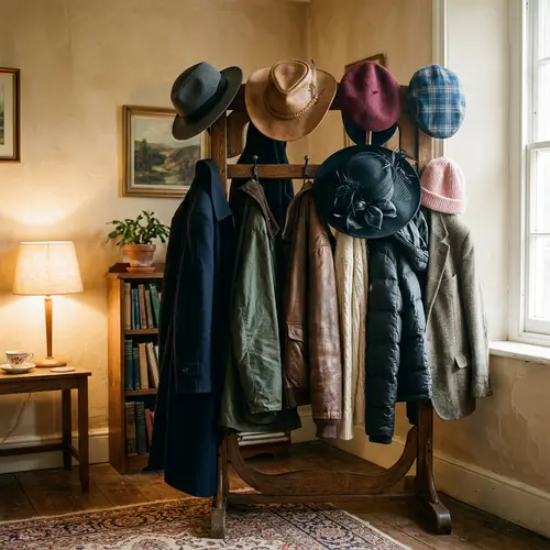 Wooden Hat Stand with Coats and Hats | Room Corner Display