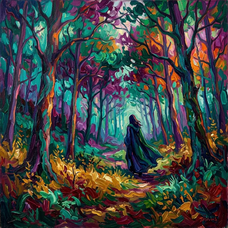 Mysterious Figure in Vibrant Forest - Enchanting Fantasy Forestscape Mysterious Figure in Vibrant Forest - Enchanting Fantasy Forestscape