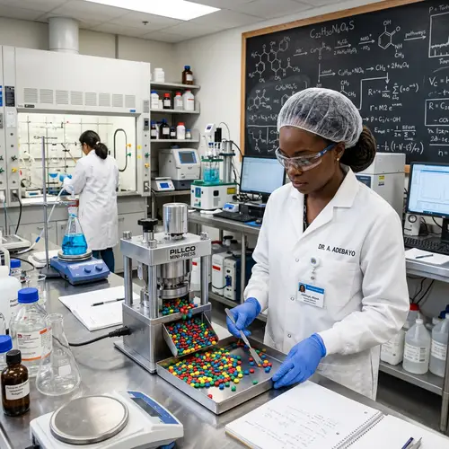 Professional Black Female Scientist Crafting Colorful Pills in High-Tech Laboratory