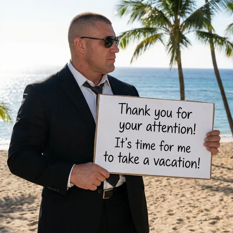 Muscular Man in Sharp Black Suit against Sun, Sea, Palm Trees Holding Vacation Sign Muscular Man in Sharp Black Suit against Sun, Sea, Palm Trees Holding Vacation Sign
