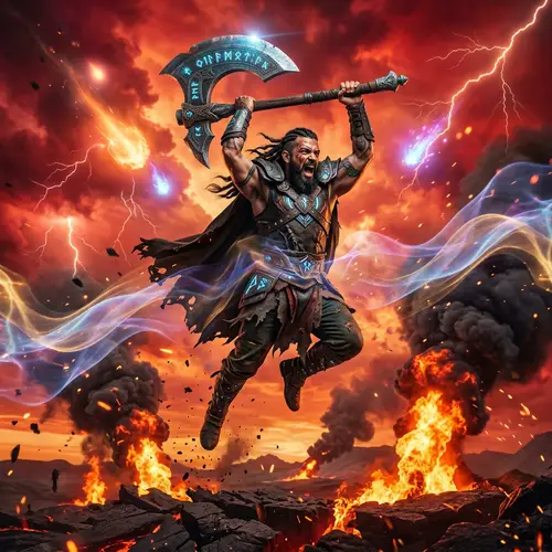 Hispanic Man with Colossal Axe in Crimson Sky | Thrilling Composition