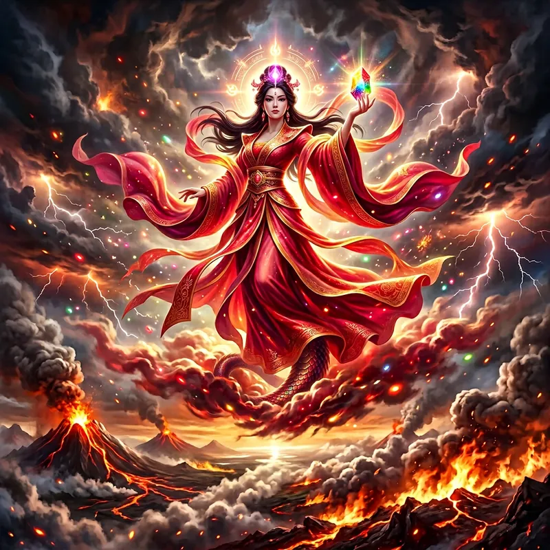 Nuwa Goddess of Creation in Fiery Sky with Celestial Lights