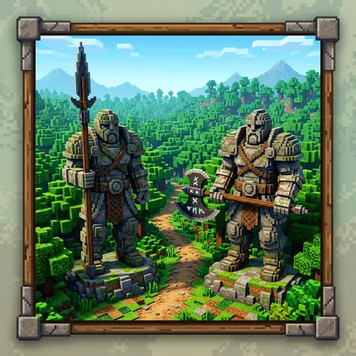 Voxel Art Icon: Massive Statues Blocking Path by Forest