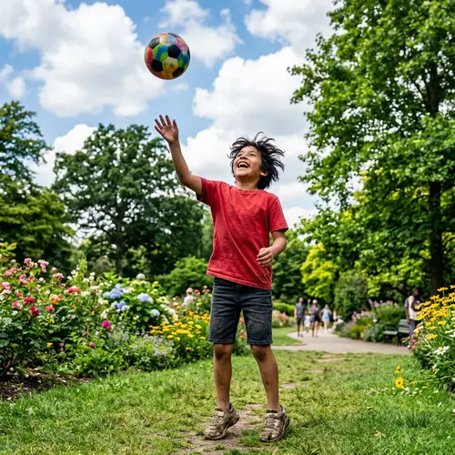 Joyful Hispanic Boy Playing with Colorful Ball in Lush Park