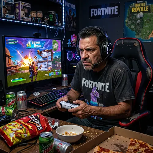 Middle-Aged Hispanic Man Playing Fortnite in Gaming Chair