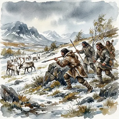 Stone Age Reindeer Hunters - Watercolor Art