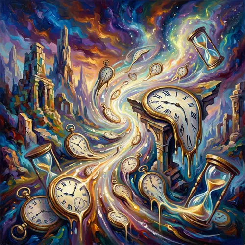 Surrealistic Time Concept with Distorted Clocks and Melting Objects