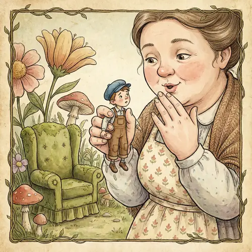 Giant Woman Holding Small Boy - Fairytale Scene