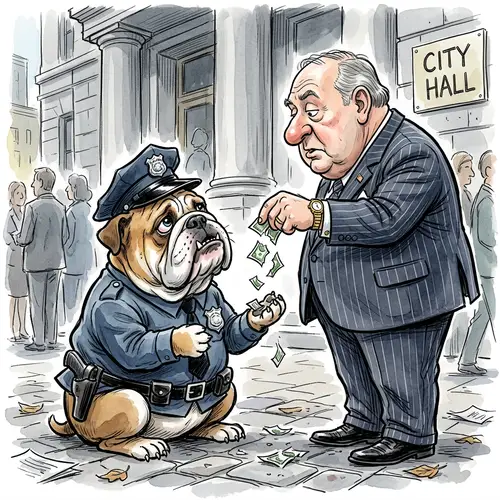 Cartoon Dog Police Officer Waiting for Politician's Gifts