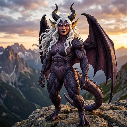 Muscular Female Dragon with Dark Purple Skin and Red Eyes