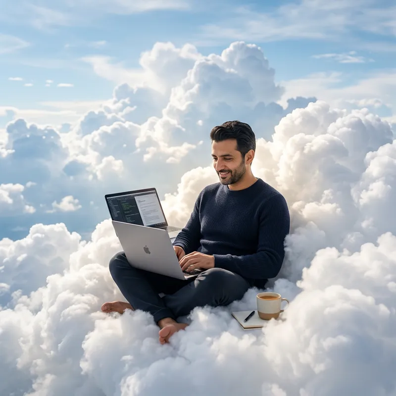 Man Using Laptop in Clouds - Relaxed Inspiration