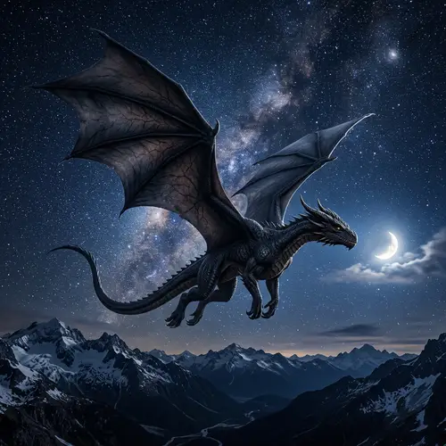 Black Dragon Soaring in Starry Night Sky
