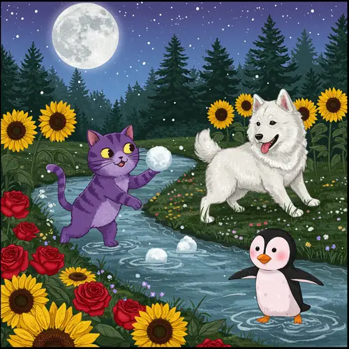 Whimsical Snowball Fight with a Cat, Penguin, and Dog