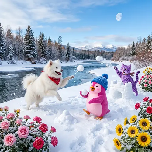 Whimsical Snowball Fight with a Cat, Penguin, and Dog